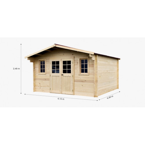 Abri de jardin bois massif 13,81 m² – madriers 42 mm – toit double pente – double porte vitrée - HABRITA