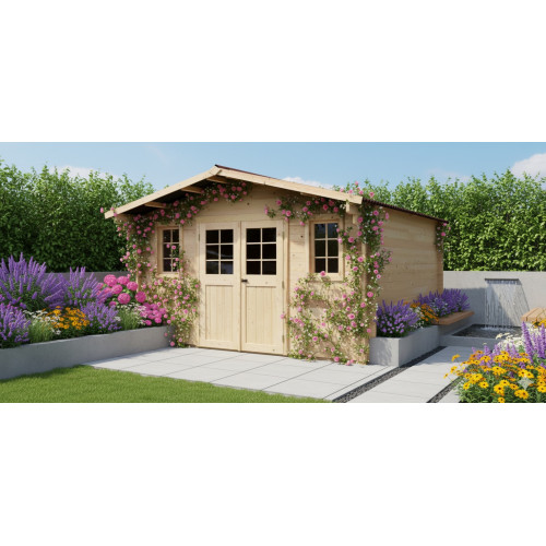 Abri de jardin bois massif 13,81 m² – madriers 42 mm – toit double pente – double porte vitrée - HABRITA