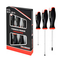 Jeu de 7 tournevis Plats 3x75 / 4x100 / 5,5x125 / Ph1x80 / Ph2x100 / Pz1x80 / Pz2x100 de marque TECHMAN, référence: B9624700