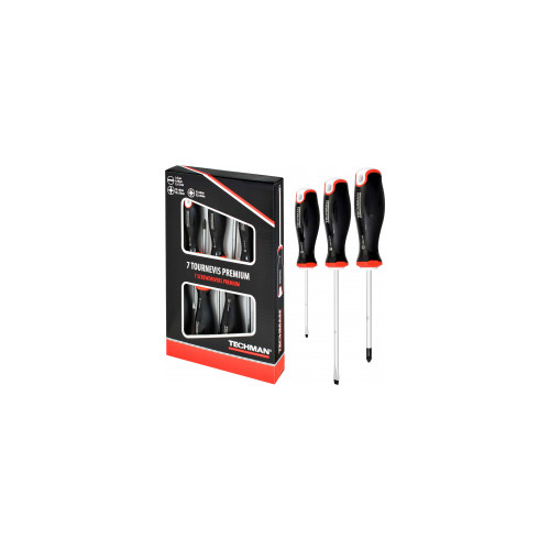 Jeu de 7 tournevis Plats 3x75 / 4x100 / 5,5x125 / Ph1x80 / Ph2x100 / Pz1x80 / Pz2x100 - TECHMAN