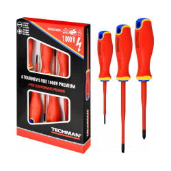 Jeu de 6 tournevis vde 1000v Plats 2,5x75 / 4x100 / 5,5x100 / Pz0x60 / Pz1x80 / Pz2x100 de marque TECHMAN, référence: B9624800