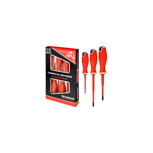 Jeu de 6 tournevis vde 1000v Plats 2,5x75 / 4x100 / 5,5x100 / Pz0x60 / Pz1x80 / Pz2x100 - TECHMAN