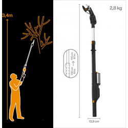 Coupe-branche (outil seul) à batteries amovibles 12V-4 Ah - portée 3,4m, diam. de coupe 32mm, tête réglable 230° - FISKARS