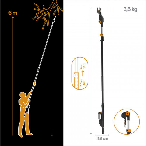 Coupe-branche télescopique (outil seul), à batteries amovibles 12V-4 Ah - portée 6m, diam. de coupe 32mm, tête réglable 230° - FISKARS