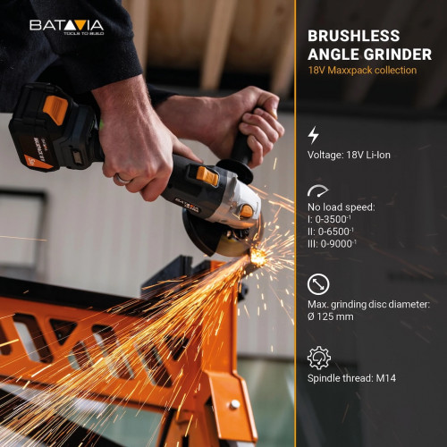 Meuleuse d’angle Brushless sans fil - Maxxpack 18V - 125 mm - vendue sans batterie ni chargeur - Batavia