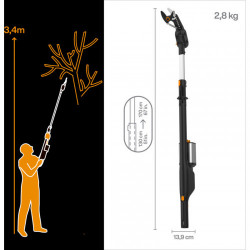 Offre promo 2 batteries offertes - Coupe-branche à batteries amovibles 12V-4 Ah - portée 3,4m, diam. de coupe 32mm - FISKARS