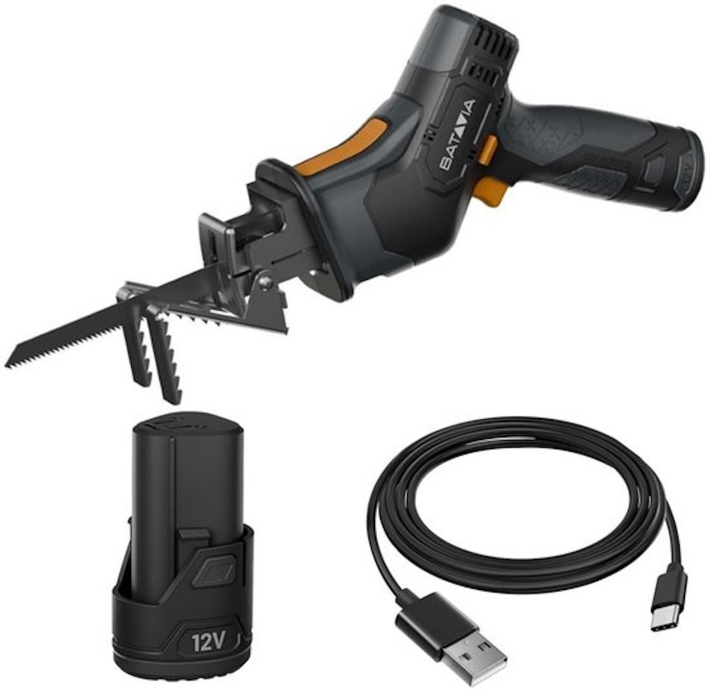 Scie sabre sans fil Fixxpack 12V avec batterie 2Ah et câble usage jardin et atelier