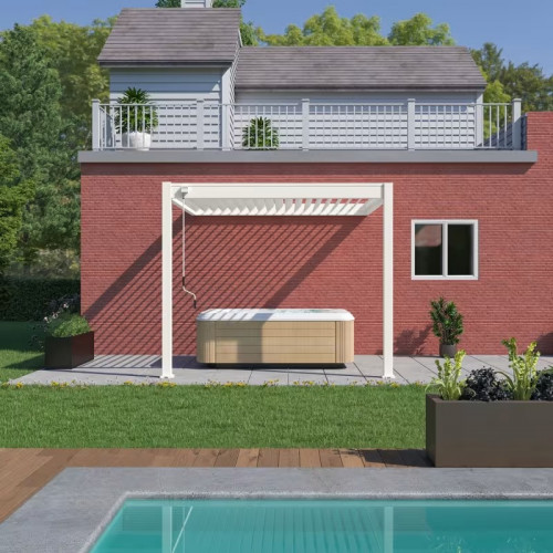 Pergola adossée 3 x 3 m à lames orientables - aluminium blanc - toiture étanche avec drainage intégré - Ombréa