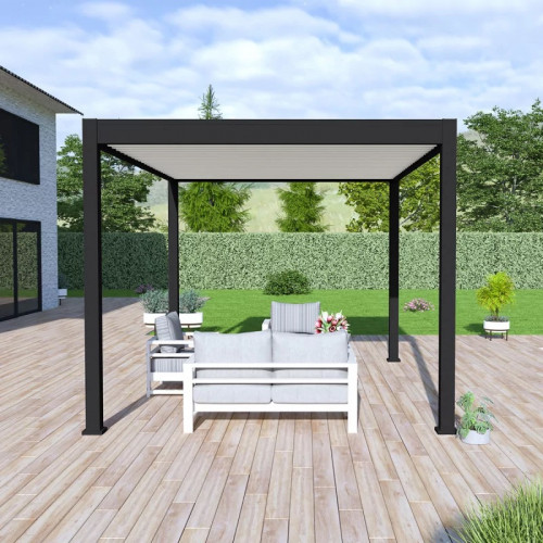 Pergola bioclimatique autoportante 3 x 4 m noire - avec store latéral 4m blanc - Ombréa