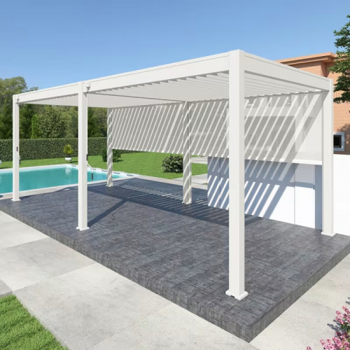 Pergola bioclimatique autoportante 6 x 3 m à lames orientables - aluminium blanc - 2 stores latéraux inclus - Ombréa
