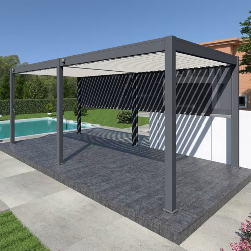 Pergola bioclimatique autoportante 6 x 3 m à lames orientables - aluminium anthracite et blanc - 2 stores latéraux inclus - Ombréa