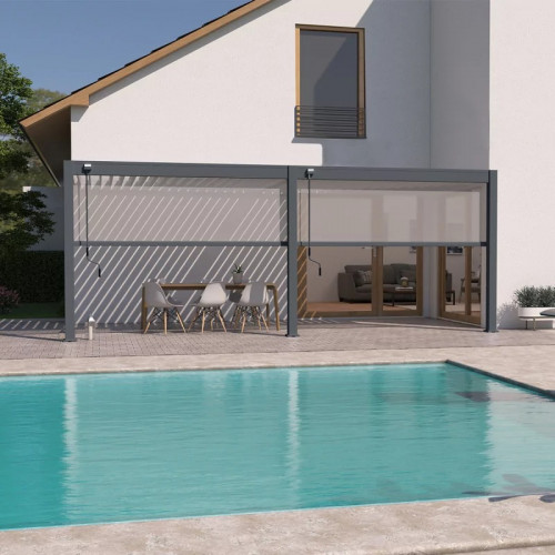 Pergola bioclimatique adossée 6 x 3 m avec 2 stores anthracite- aluminium anthracite - toiture étanche - Ombréa