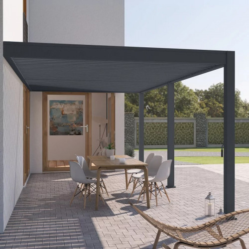 Pergola bioclimatique adossée 6 x 3 m avec 2 stores anthracite- aluminium anthracite - toiture étanche - Ombréa