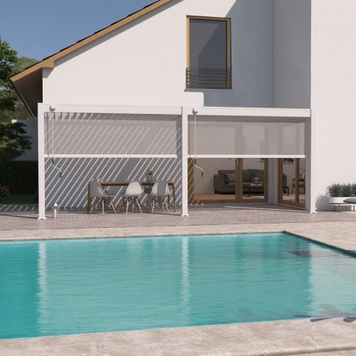 Pergola bioclimatique adossée 6 x 3 m avec 2 stores blanc - aluminium blanc - toiture étanche - Ombréa