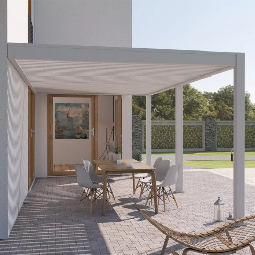 Pergola bioclimatique adossée 6 x 3 m avec 2 stores blanc - aluminium blanc - toiture étanche - Ombréa
