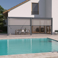 Pergola bioclimatique adossée 6 x 3 m avec 2 stores anthracite - aluminium anthracite et lames blanches - toiture étanche de marque Ombréa, référence: J9720200