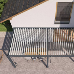 Pergola bioclimatique adossée 6 x 3 m avec 2 stores anthracite - aluminium anthracite et lames blanches - toiture étanche - Ombréa