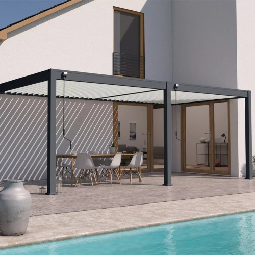 Pergola bioclimatique adossée 6 x 3 m avec 2 stores blancs - aluminium anthracite et lames blanches - toiture étanche - Ombréa