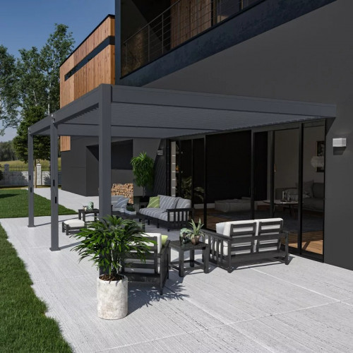 Pergola bioclimatique adossée 6 x 4 m avec 2 stores anthracite de 3 m - aluminium anthracite - toiture étanche - Ombréa
