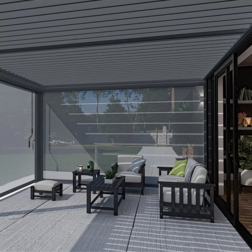 Pergola bioclimatique adossée 6 x 4 m avec 2 stores anthracite de 3 m - aluminium anthracite - toiture étanche - Ombréa