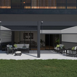 Pergola bioclimatique adossée 6 x 4 m avec 2 stores anthracite de 3 m - aluminium anthracite - toiture étanche - Ombréa