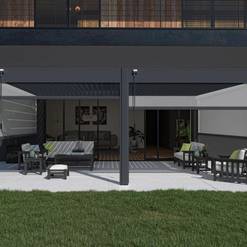 Pergola bioclimatique adossée 6 x 4 m avec 2 stores anthracite de 3 m - aluminium anthracite - toiture étanche - Ombréa