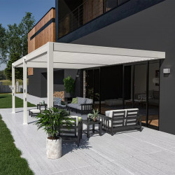 Pergola bioclimatique adossée 6 x 4 m avec 2 stores blancs - aluminium blanc - toiture étanche - Ombréa