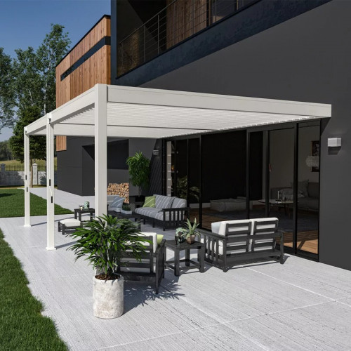 Pergola bioclimatique adossée 6 x 4 m avec 2 stores blancs - aluminium blanc - toiture étanche - Ombréa