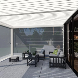 Pergola bioclimatique adossée 6 x 4 m avec 2 stores blancs - aluminium blanc - toiture étanche - Ombréa