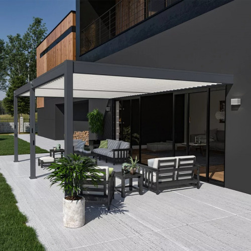 Pergola bioclimatique adossée 6 x 4 m avec 2 stores anthracite - aluminium anthracite et lames blanches - toiture étanche - Ombréa