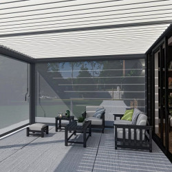 Pergola bioclimatique adossée 6 x 4 m avec 2 stores anthracite - aluminium anthracite et lames blanches - toiture étanche - Ombréa