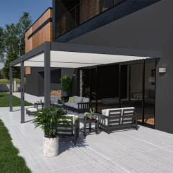 Pergola bioclimatique adossée 6 x 4 m avec 2 stores blancs - aluminium anthracite et lames blanches - toiture étanche de marque Ombréa, référence: J9720700