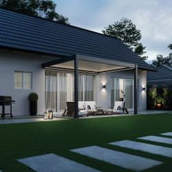 Pergola bioclimatique motorisée adossée 3 x 4 m - aluminium anthracite et lames blanches - toiture étanche - Ombréa