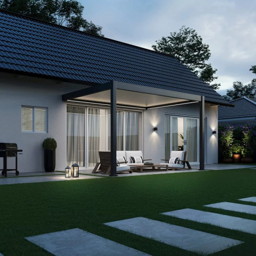Pergola bioclimatique motorisée adossée 3 x 4 m - aluminium anthracite et lames blanches - toiture étanche - Ombréa