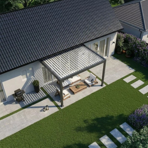 Pergola bioclimatique motorisée adossée 3 x 4 m - aluminium anthracite et lames blanches - toiture étanche - Ombréa