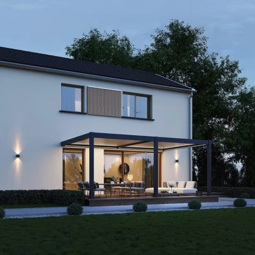 Pergola bioclimatique motorisée adossée 6 x 4 m - aluminium anthracite et lames blanches - kit LED inclus - Ombréa