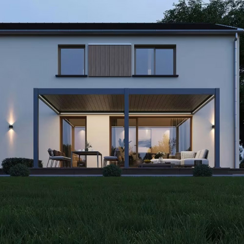 Pergola bioclimatique motorisée adossée 6 x 4 m - aluminium anthracite et lames blanches - kit LED inclus - Ombréa