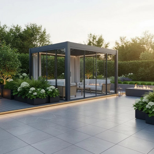 Paroi coulissante en verre 4 m - pour pergola bioclimatique - Ombréa