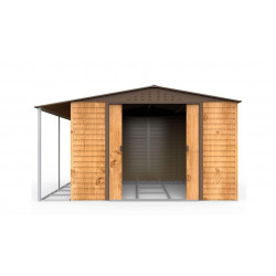 Abri de jardin métal effet bois 10,87 m² - avec auvent de stockage - Duramax