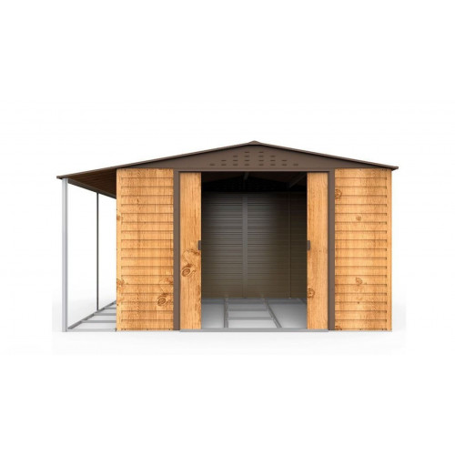 Abri de jardin métal effet bois 10,87 m² - avec auvent de stockage - Duramax