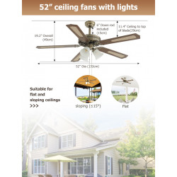 Ventilateur de plafond 132 cm bronze antique - 5 pales avec 3 éclairages E27 - DLC Home