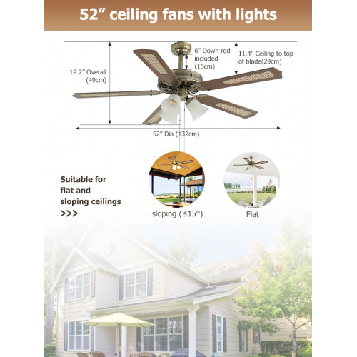 Ventilateur de plafond 132 cm bronze antique - 5 pales avec 3 éclairages E27 - DLC Home