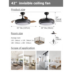 Ventilateur de plafond 107 cm noir mat - 3 pales avec LED tricolores et télécommande - DLC Home