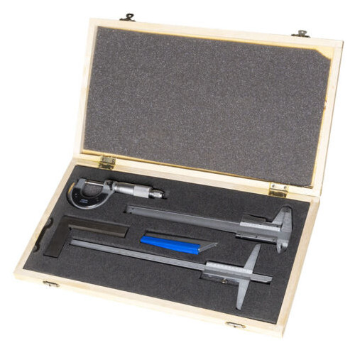 Ensemble d’instruments de mesure 5 pièces - calibre micromètre équerre et jauges - Holzmann