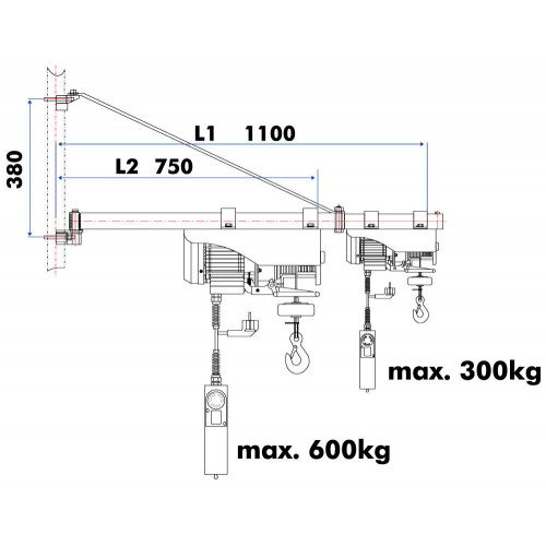 Bras de levage - SA3001100 - portée 750/1100 mm - charge 600/300 kg - Holzmann