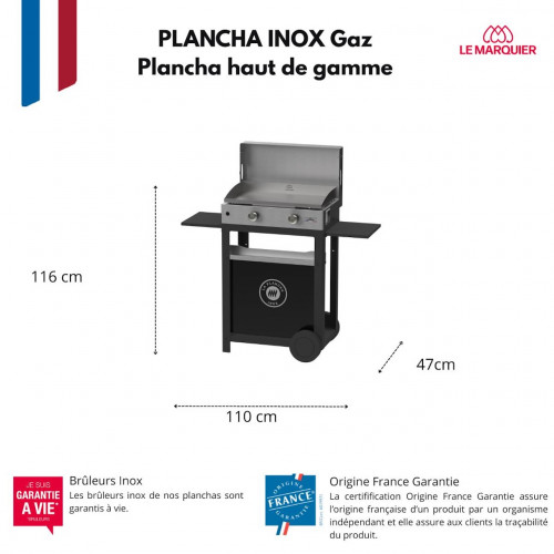 Plancha gaz inox - Duo Edition - Chariot noir - Couvercle inox - 2 brûleurs 4 kW - LE MARQUIER