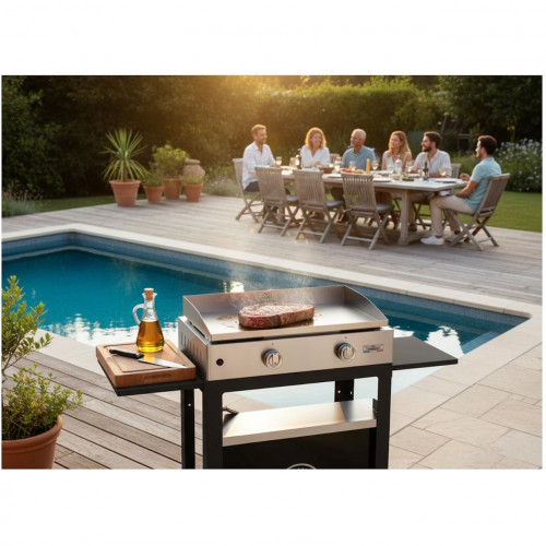 Plancha gaz inox - Duo Edition - Chariot noir - Couvercle inox - 2 brûleurs 4 kW - LE MARQUIER