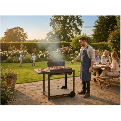 Barbecue charbon Montory 61 x 40 sur chariot - Grille réglable 3 niveaux - Origine France Garantie - LE MARQUIER