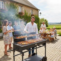 Barbecue XL double foyers avec chariot - 4 grilles de cuisson - Charbon - Origine France Garantie - LE MARQUIER