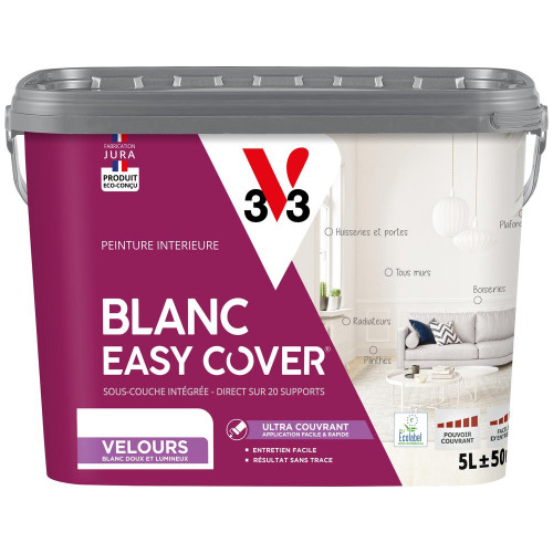 Peinture mur et plafond, boiserie blanc velours V33 Easy cover 5l - V33